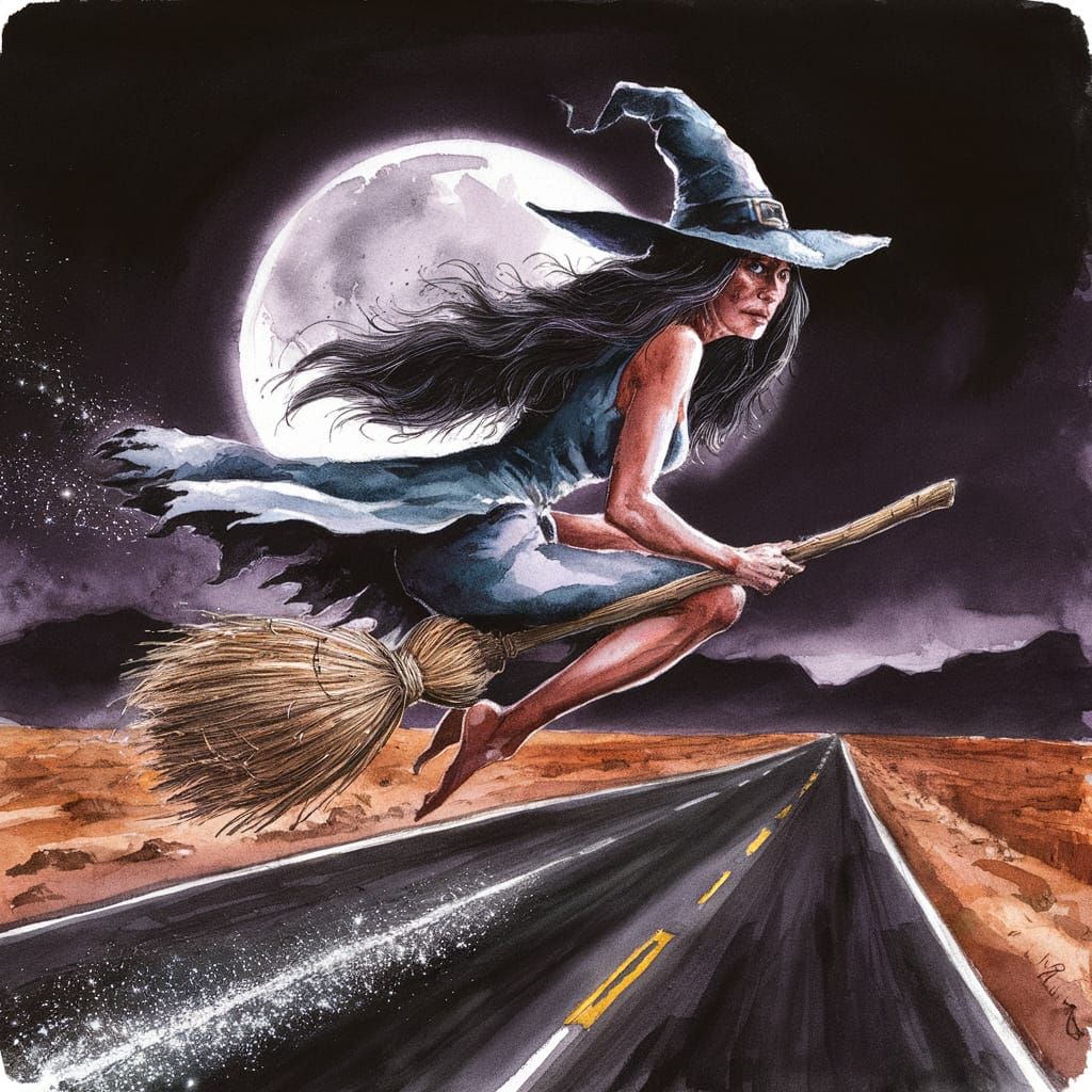 Desert Witch Rides a Broomstick in Watercolour