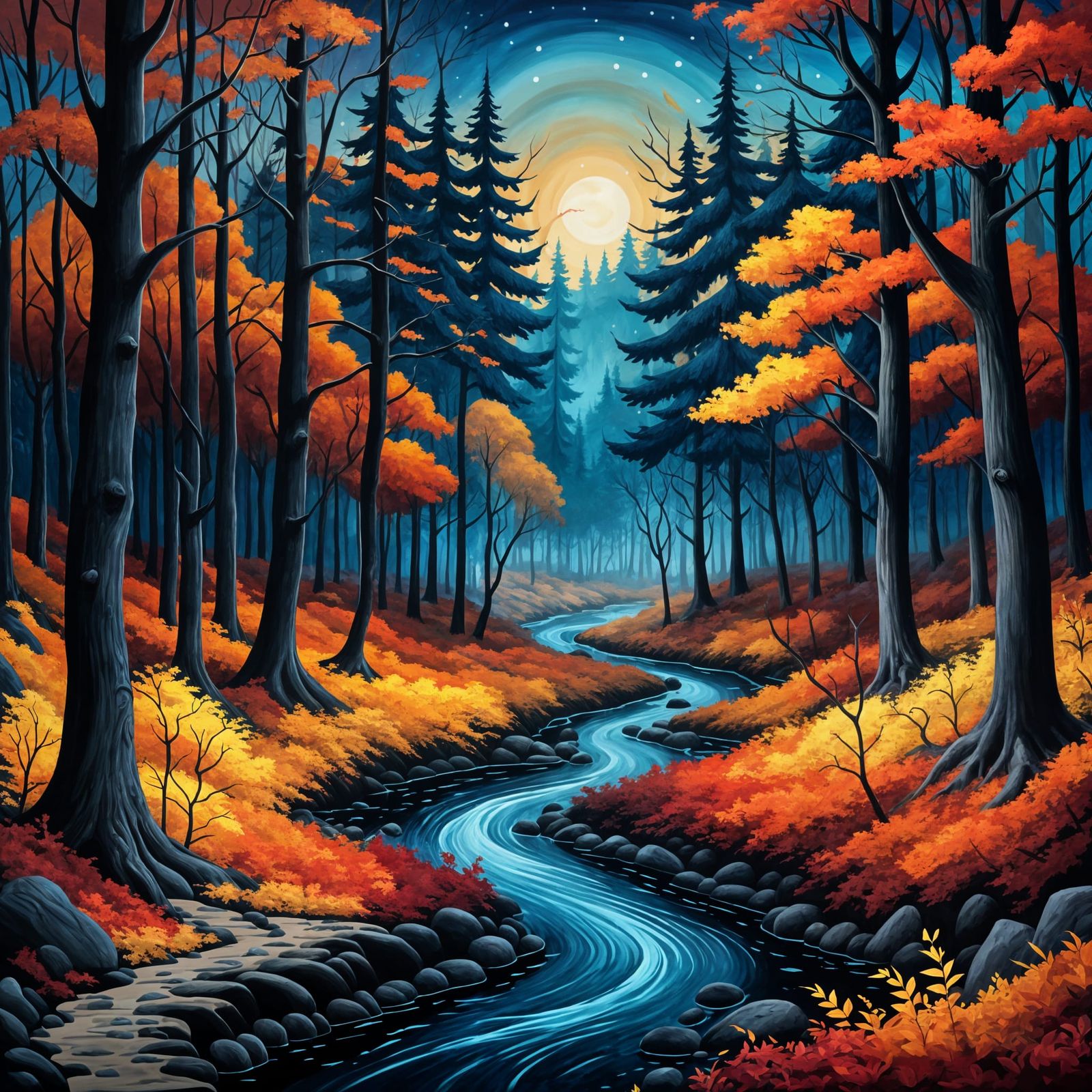 Vivid Autumn Forest Twilight with Winding Creek