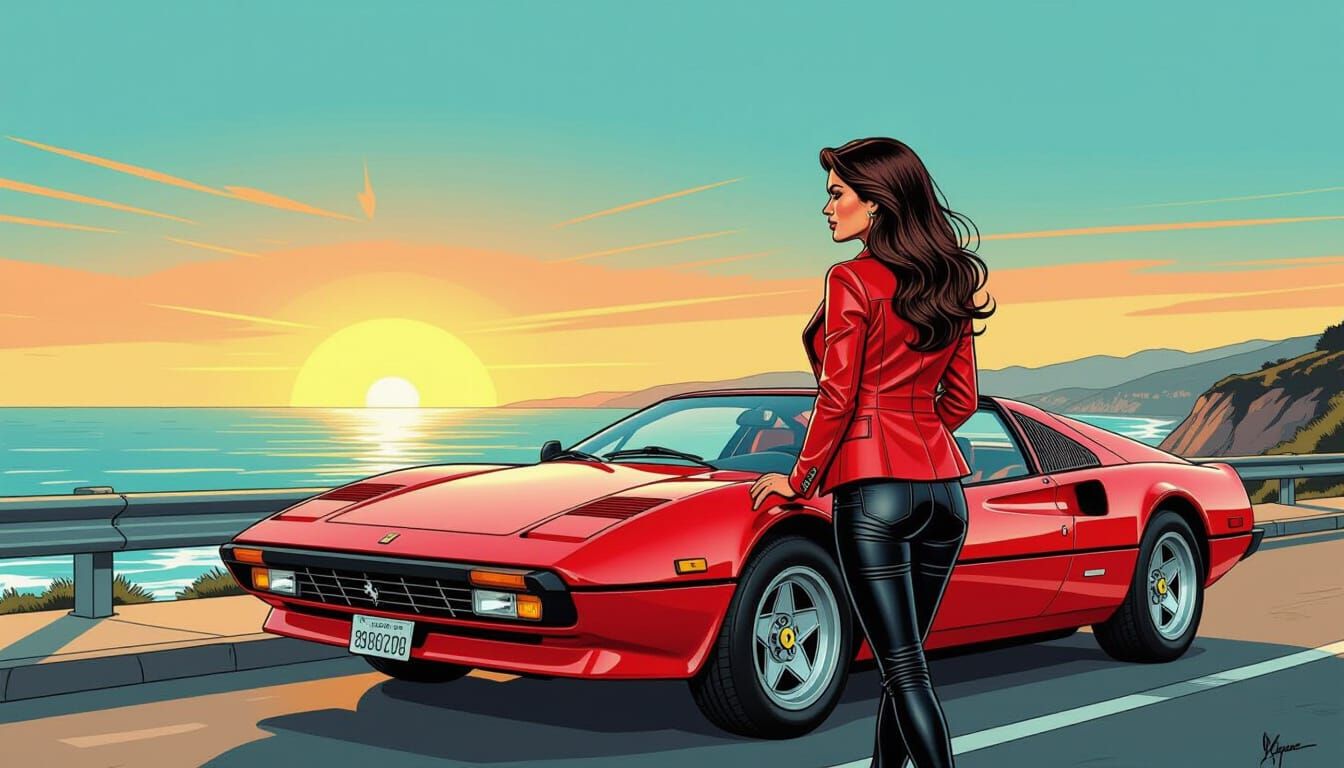 Brunette in Red with Ferrari: Comic Art