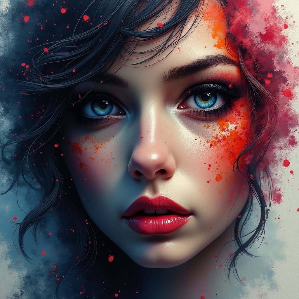 Colorful Graffiti Art Female Face in Swirling Mist