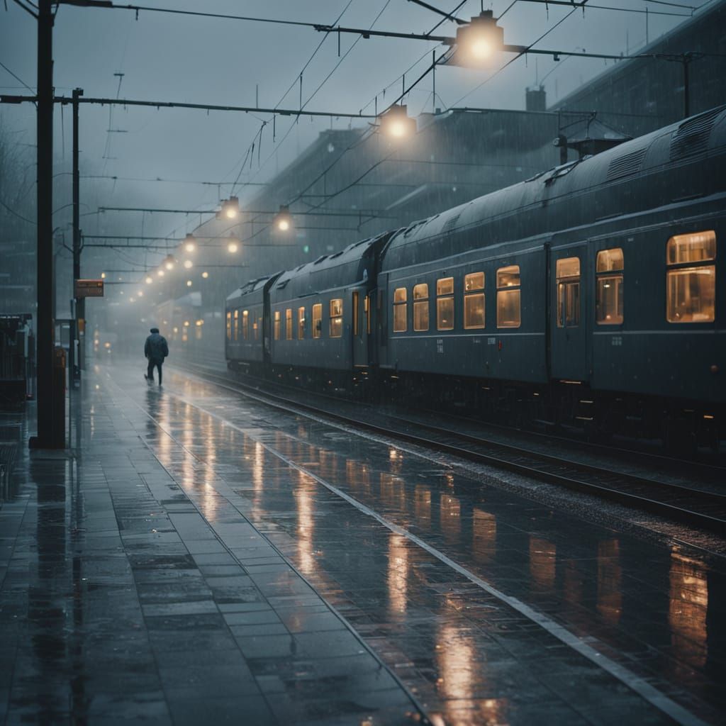 Gloomy Rainy Train Station at Evening