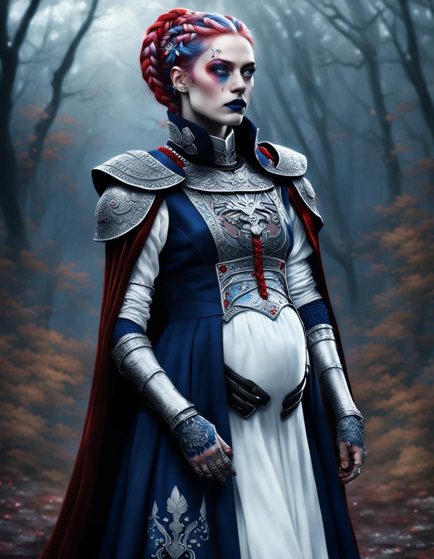 Pregnant Knight in Floral Dress and Armor