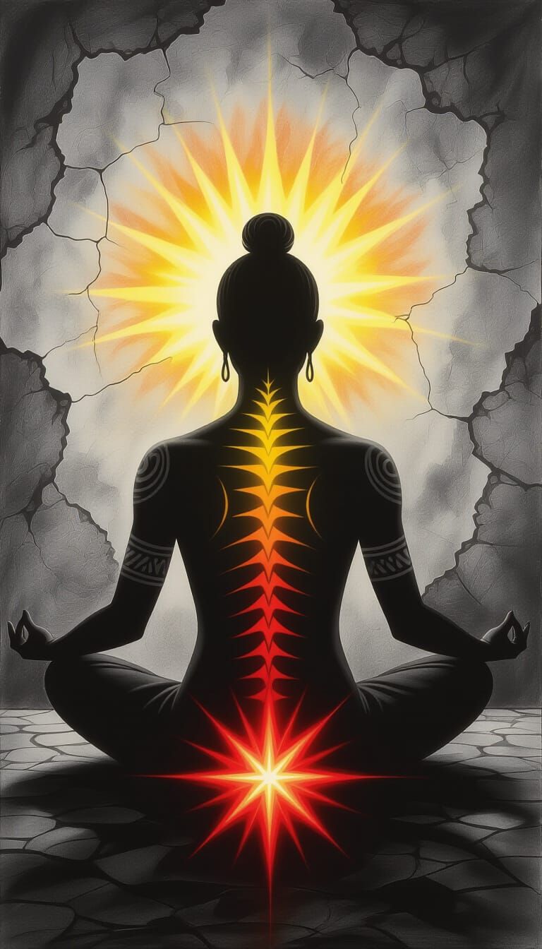 Glowing Tribal Figure in Meditative Pose Charcoal Drawing