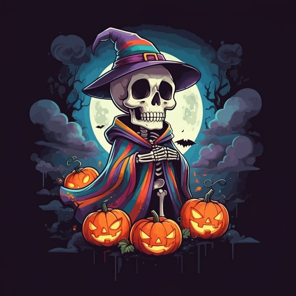 Chibi Skeleton in Halloween Graffiti Street Art