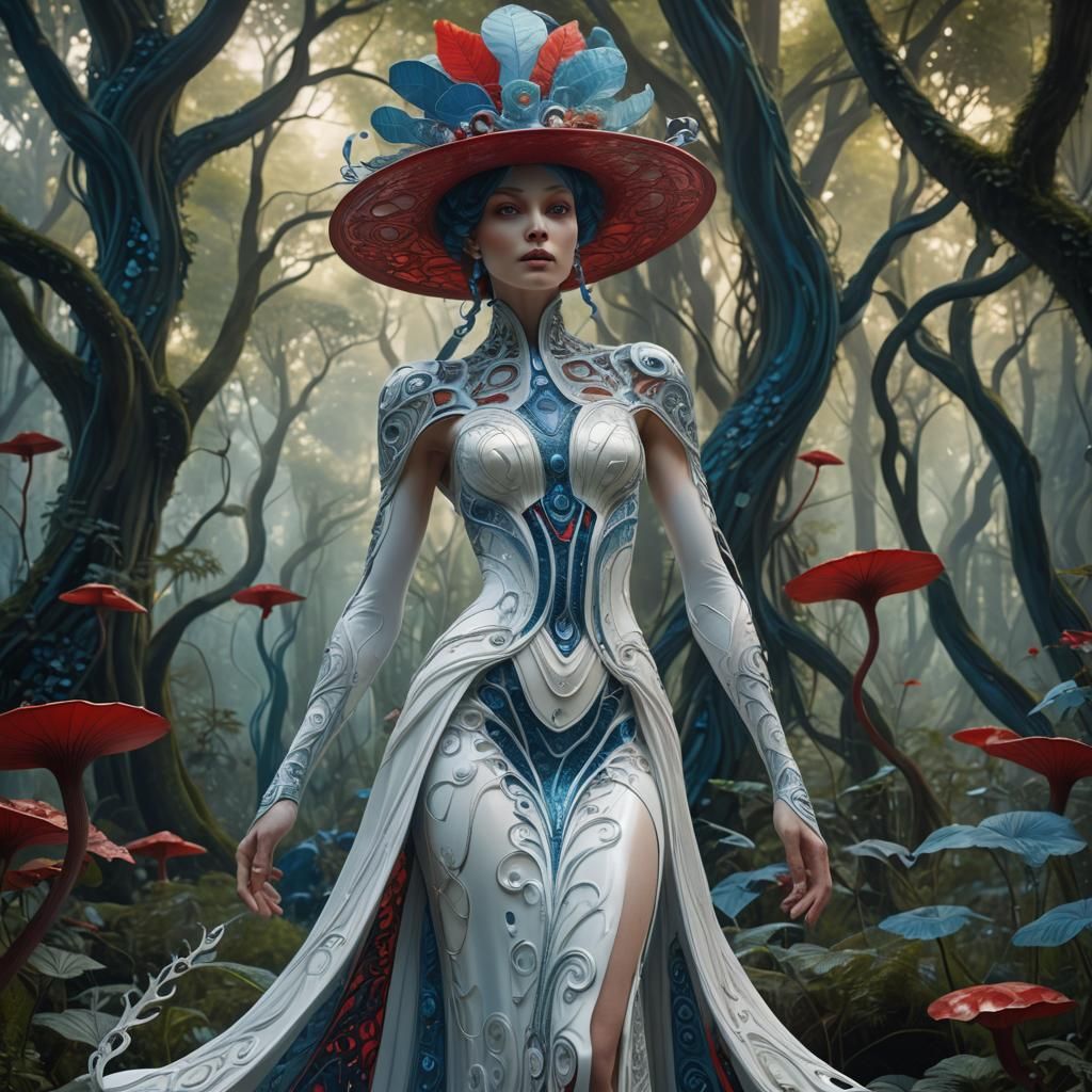 Elegant Alien Lady in Forest, Art Nouveau Style