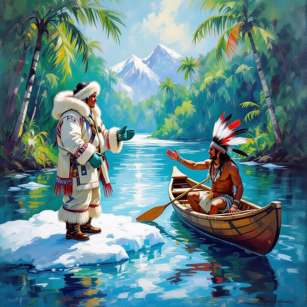 Eskimo Greets Tribe Man on Melting Iceberg in Amazon