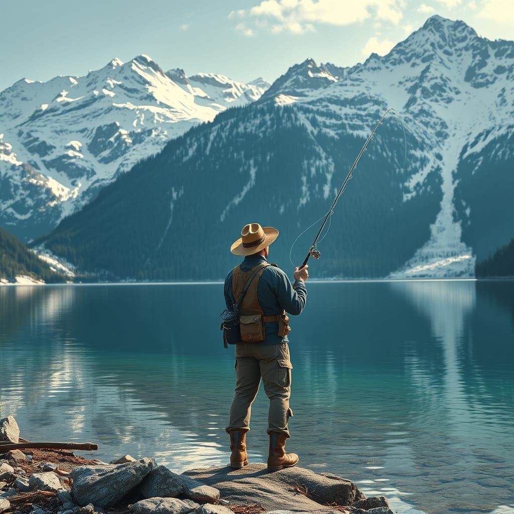 Fisherman on Mountain Lake: Detailed Matte Painting