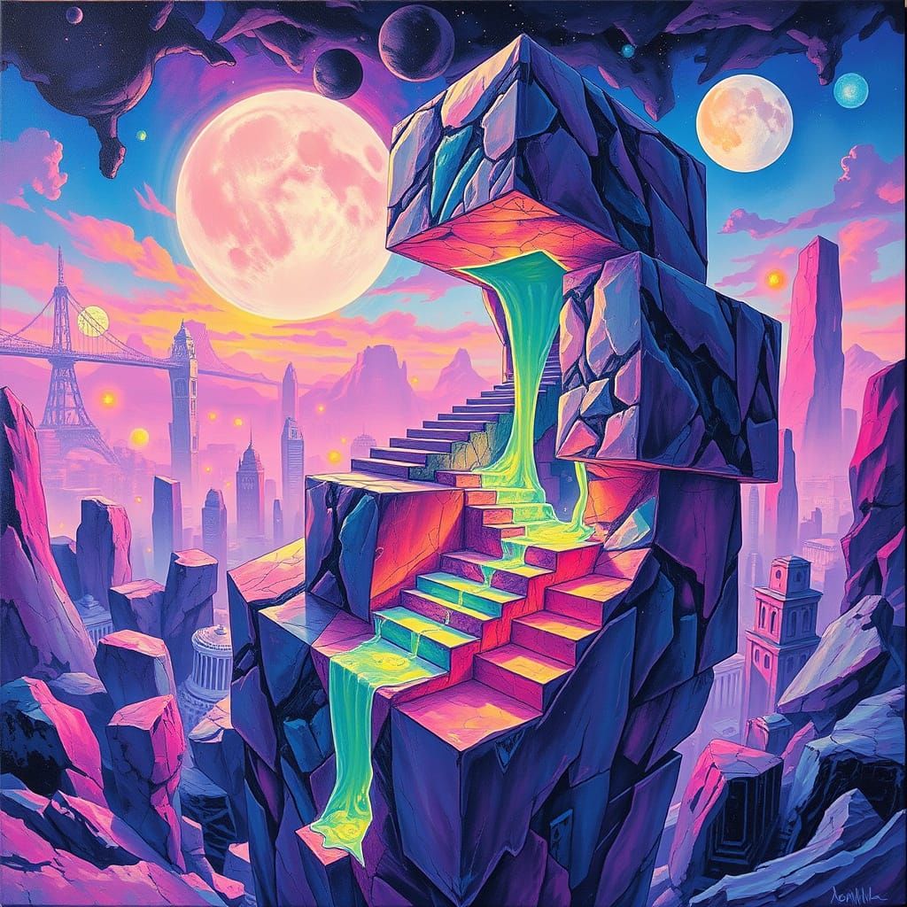 Surrealist Staircase in Dreamlike Environment