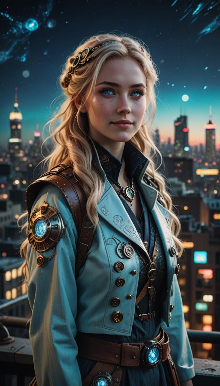 Joyful Woman in Steampunk Haori, Neon Cityscape