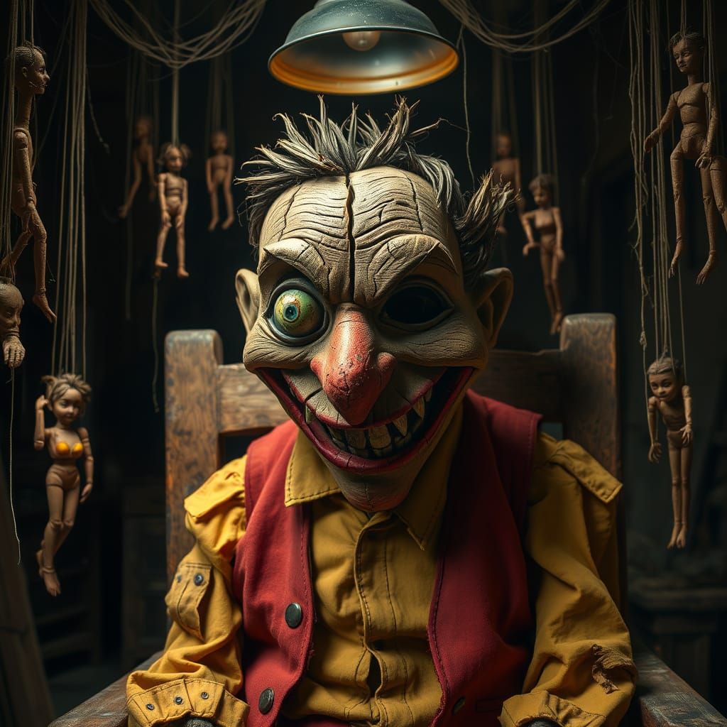 Cursed Puppet in Shadowy Workshop