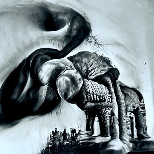 Hyperdetailed Charcoal Drawing: Elephant with Human