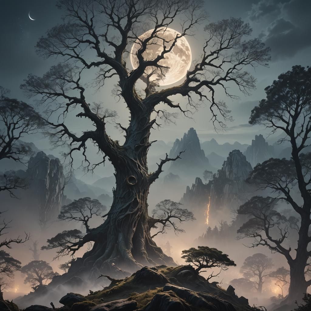 Glowing Moon Over Misty Forest: Fantasy Landscape