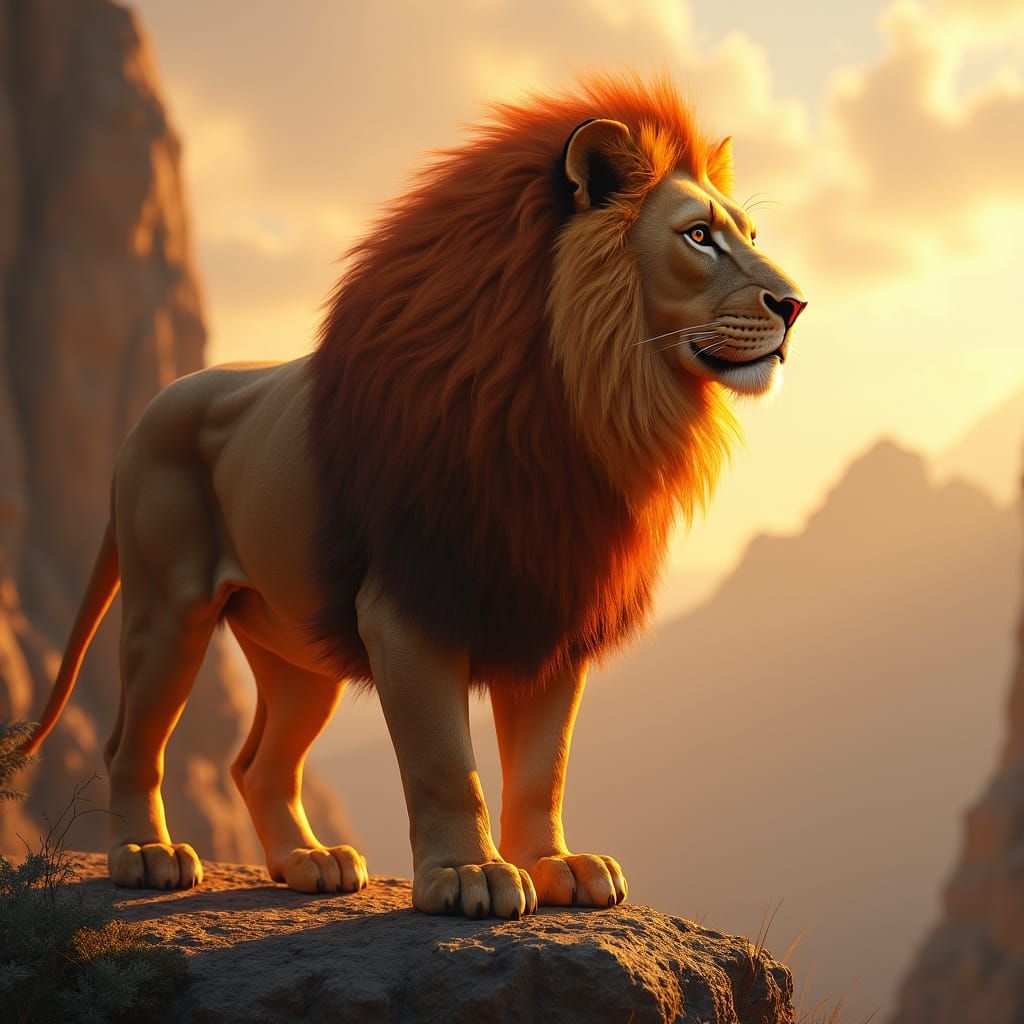 Fiery Lion on Rocky Cliff at Sunset
