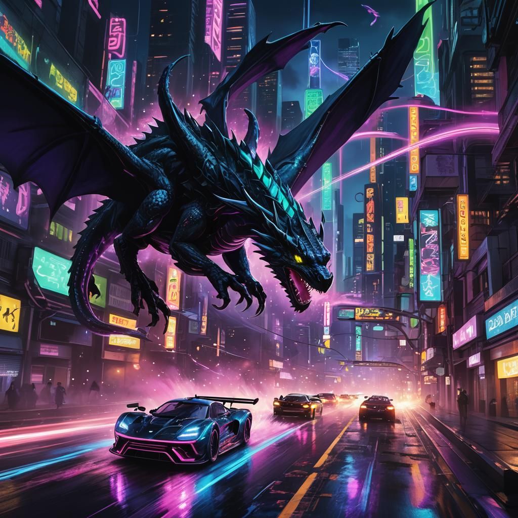 Futuristic Dragon Racecar Speeds Through Neon City