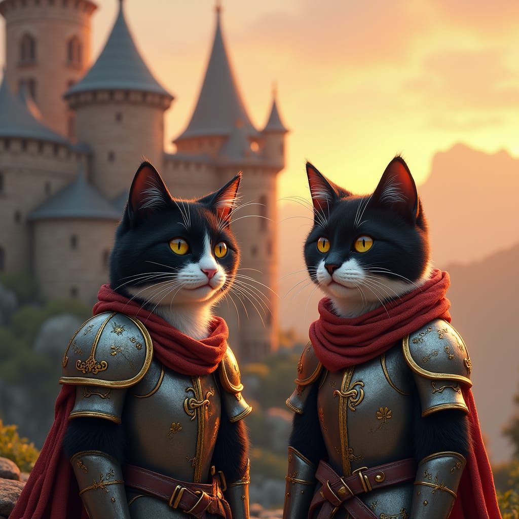 Armored Cats Guarding Castle in Digital Art Style