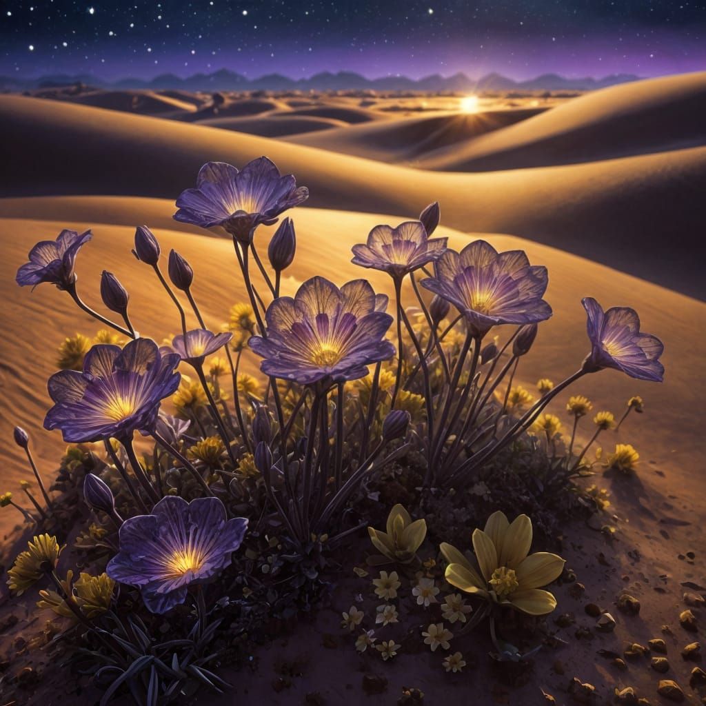 Bioluminescent Flowers Glow in Desert Night, Digital Illustr...