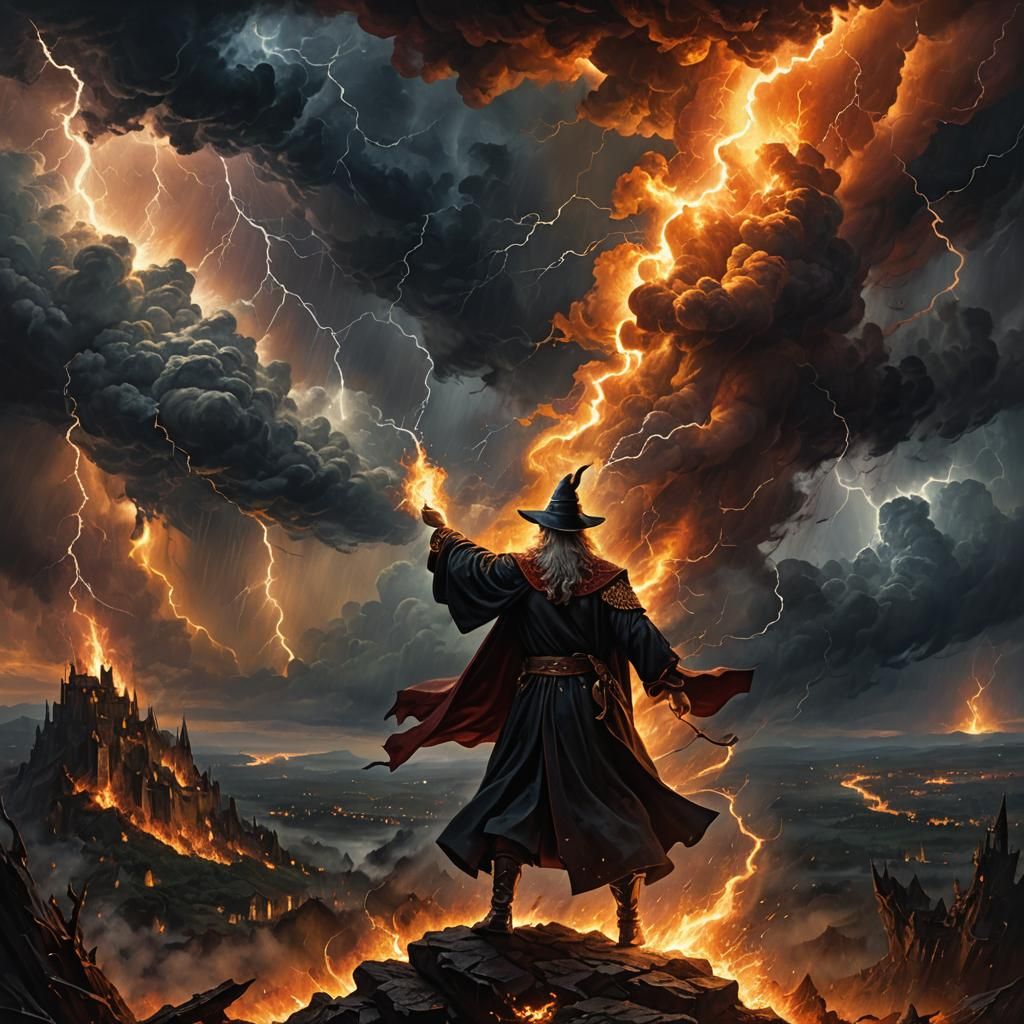 Wizard Conjures Fiery Blaze in Storm: Oil Painting