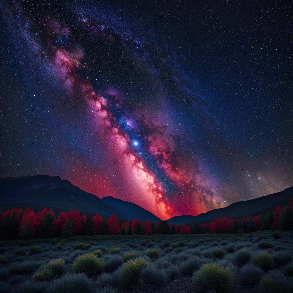 Hyperdetailed Mountainscape with Fireflies and Milky Way