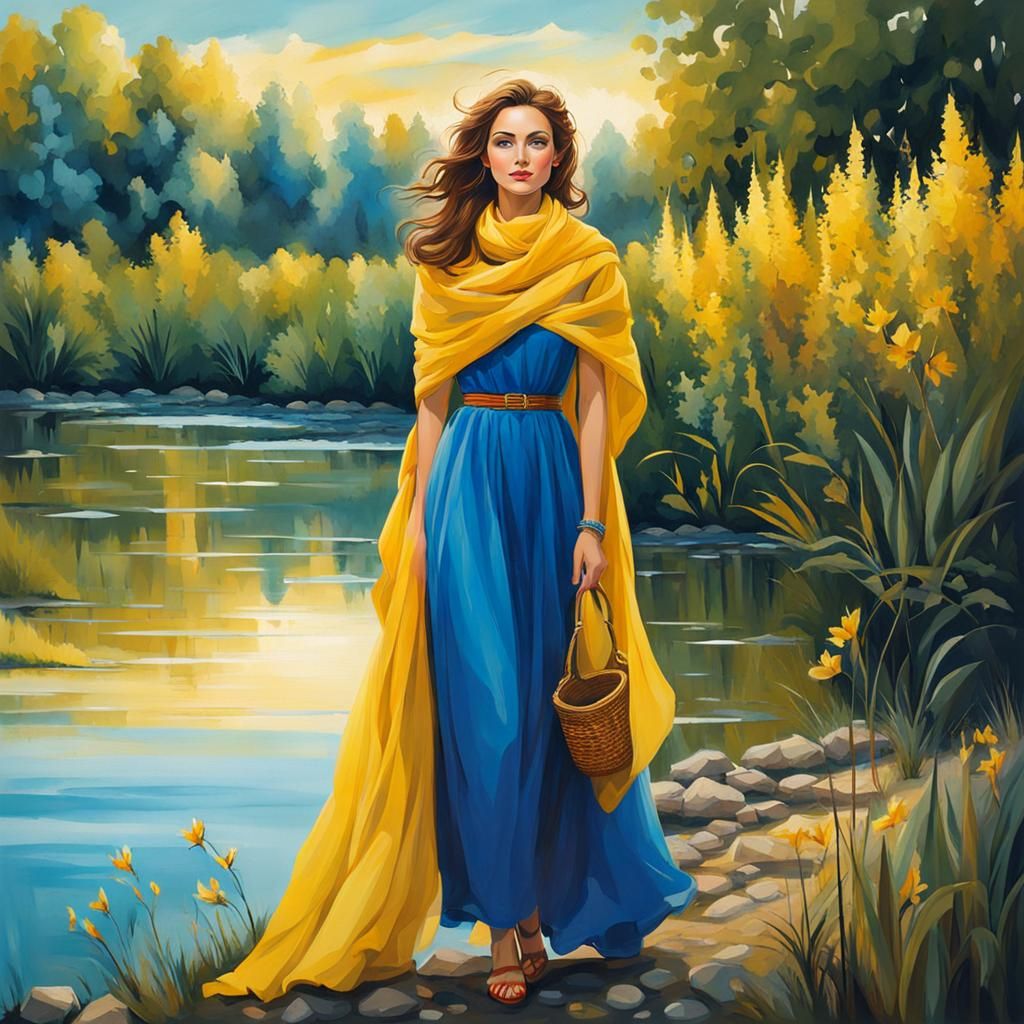 Young Woman at Riverbank: Digital Illustration