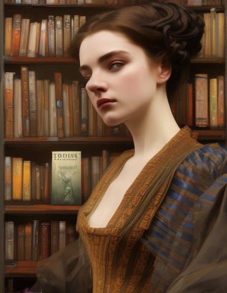 Victorian Woman in Bookstore: Hyperdetailed Art Nouveau Port...