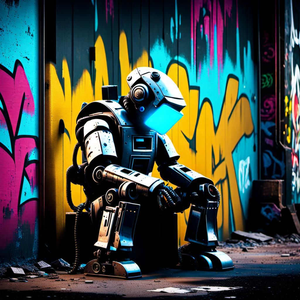 Post-Apocalyptic Robot in Atompunk Cyberpunk Style