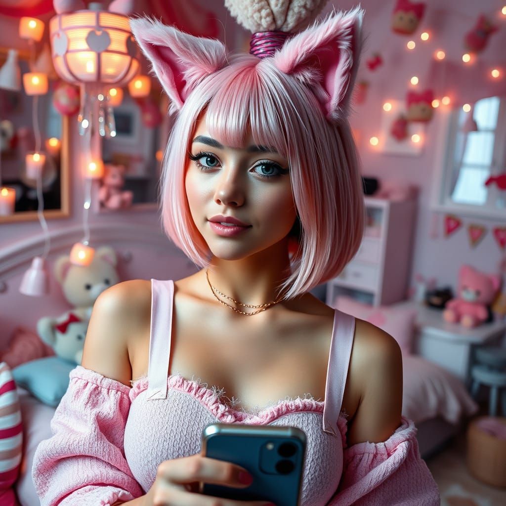 Girly Egirl Beauty in Pastel Pink Hair and Cat Ears