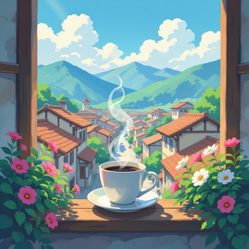 Anime Watercolor Coffee Scene Overlooking Old Town