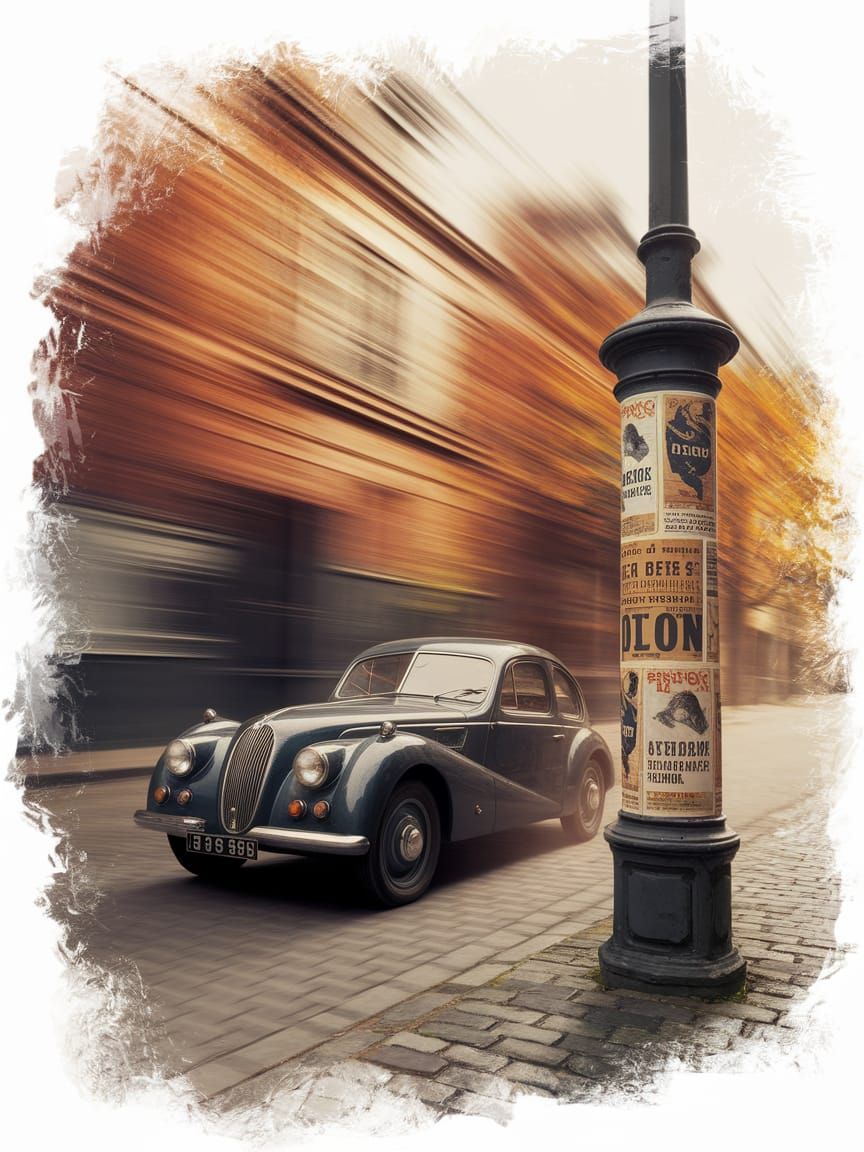 Retro 1945 Double Exposure: GAZ M1 Car Speeding Past Posters