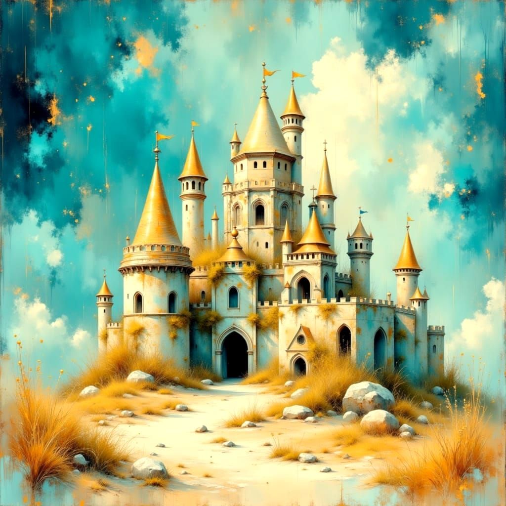 Neon Grunge Sandcastles on Aqua Beach