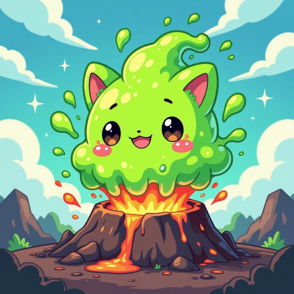 Chibi Slime Erupting from Volcano in Anime Style
