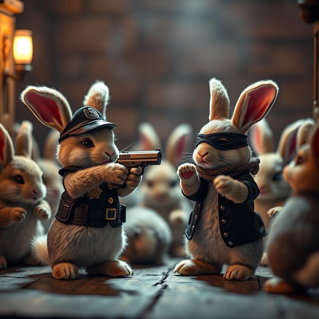Plush Rabbit Police Enforce Law Among Cowering Rabbits