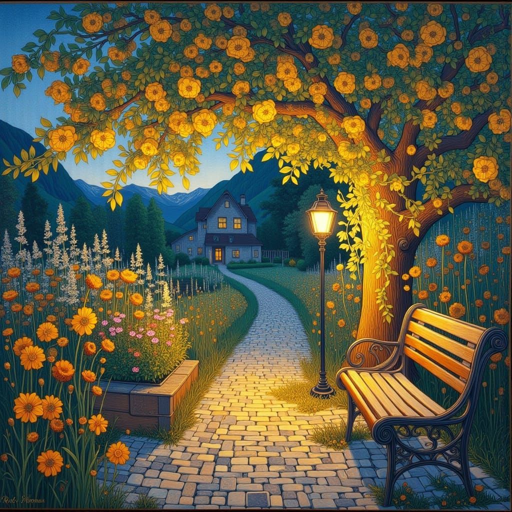 Old Lantern Glows on Wildflower Path in Klimt Style