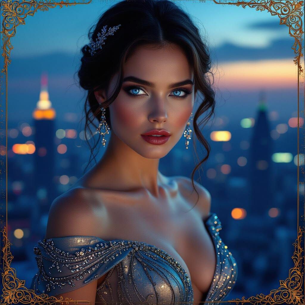 Enigmatic Woman in Art Nouveau Cityscape