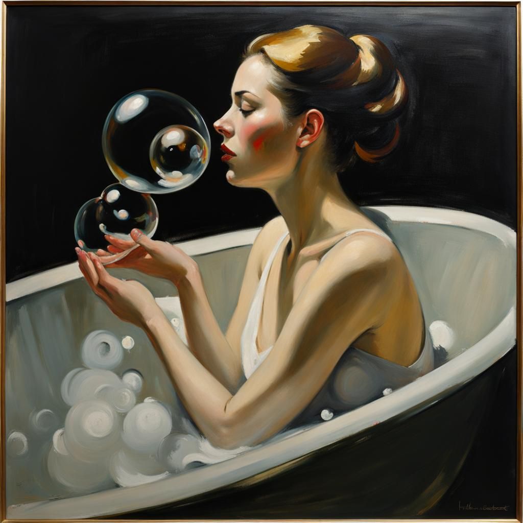 Sad Woman's Emotional Bubble Bath in Oils