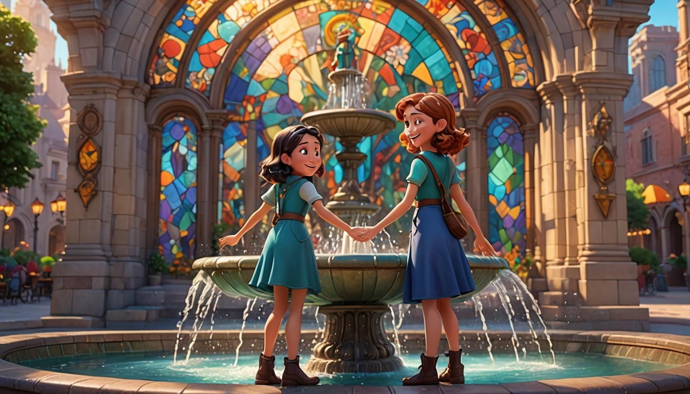 Two Happy Girls by Stained Glass Fountain
