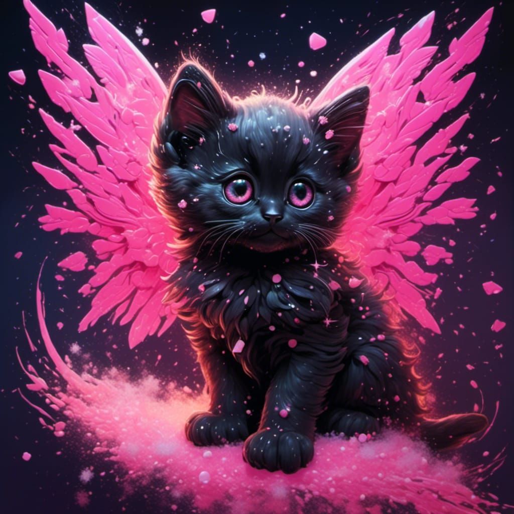 Glowing Black and Pink Winged Kitten in Splash Art
