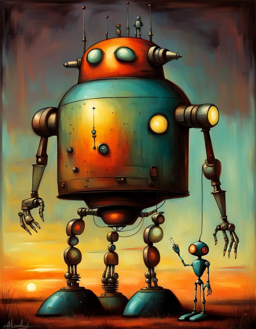 Robots Repairing in Mid-Century Modern Style