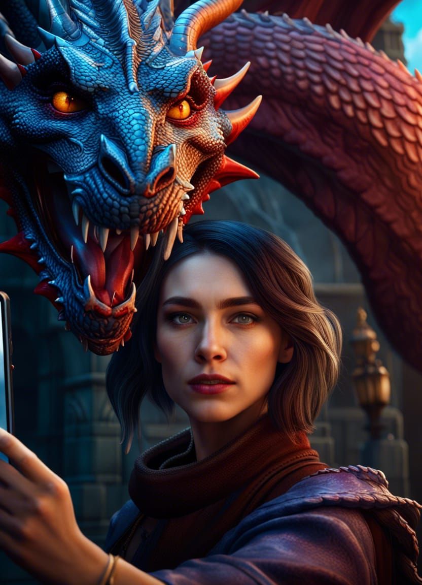Woman's Selfie with Dragon: Fantasy Concept Art