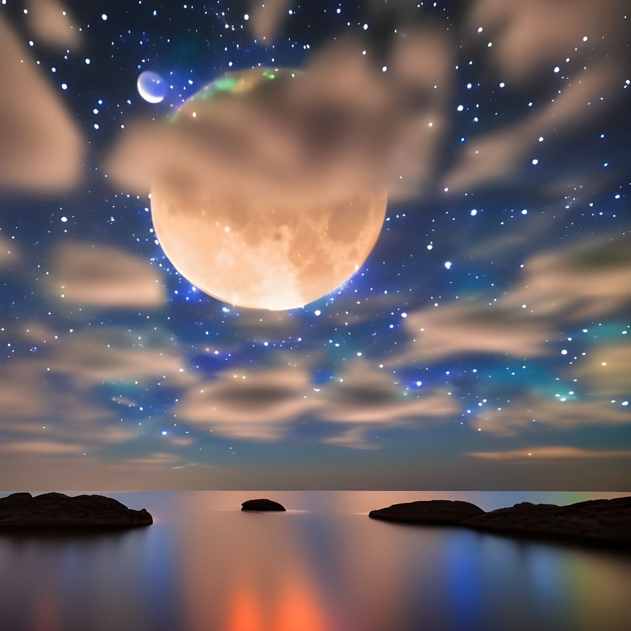 Ethereal Night Sky with Full Moon and Sparkling Stars