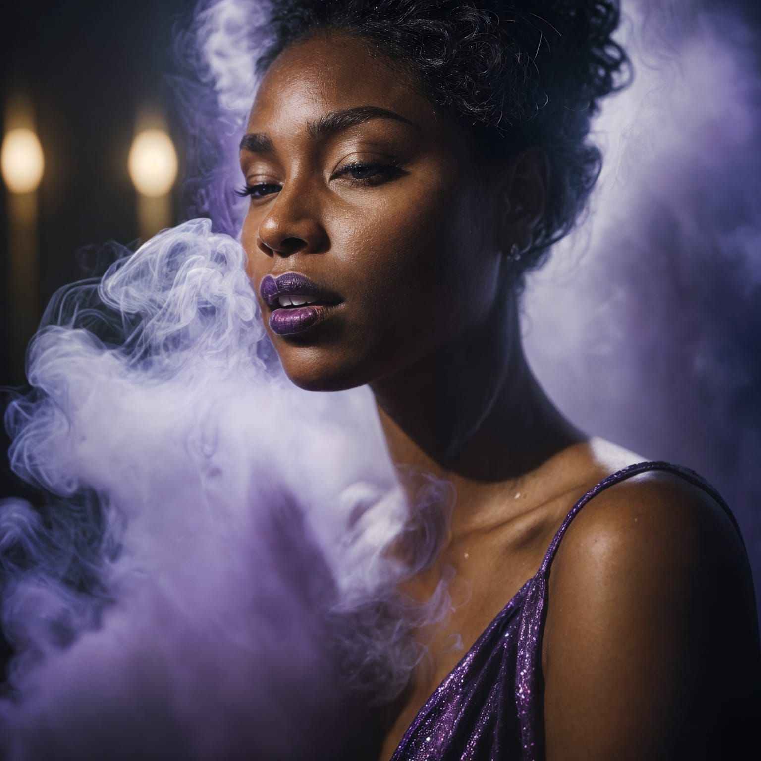 Dramatic Close-Up of Woman with Purple Lipstick