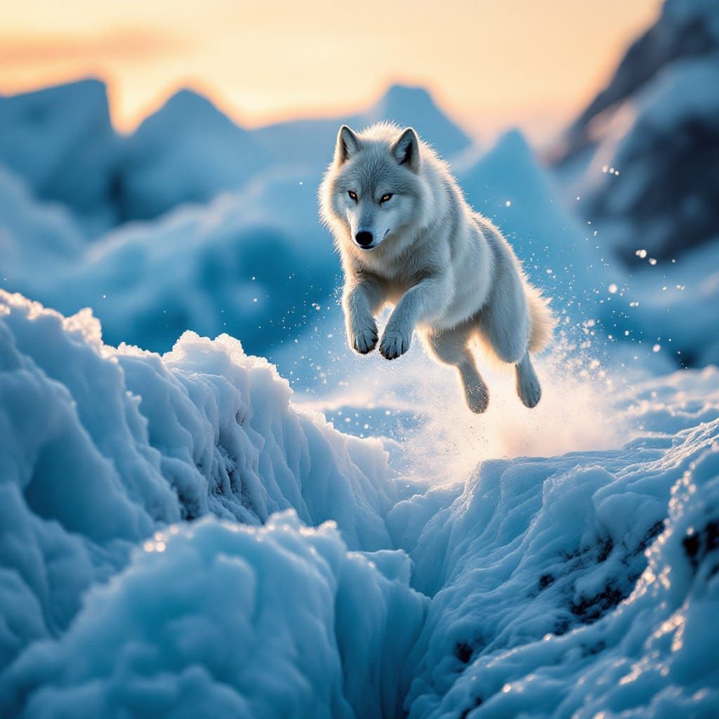 Surreal Golden Hour Wolf Leaps Over Azure Ice Formations