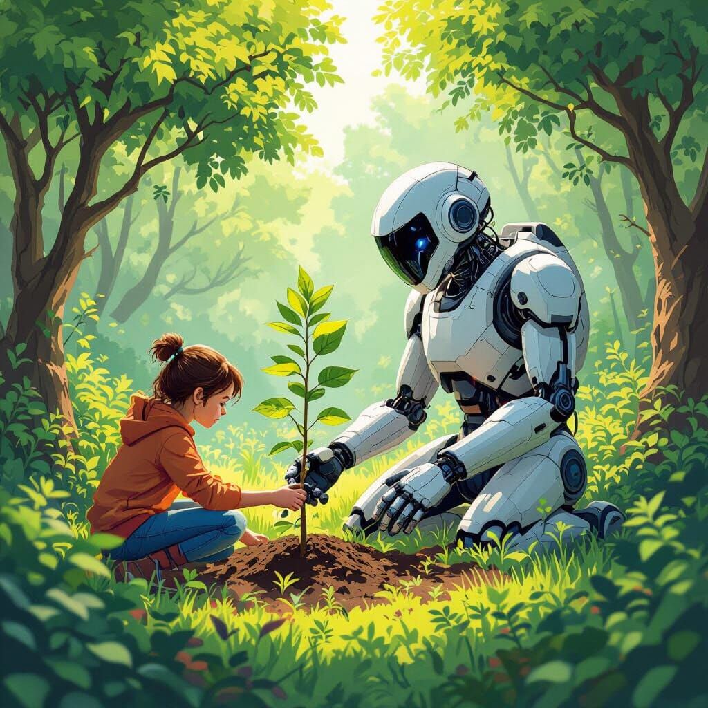 Eco-Friendly Robot Planting Trees in Lush Greenery