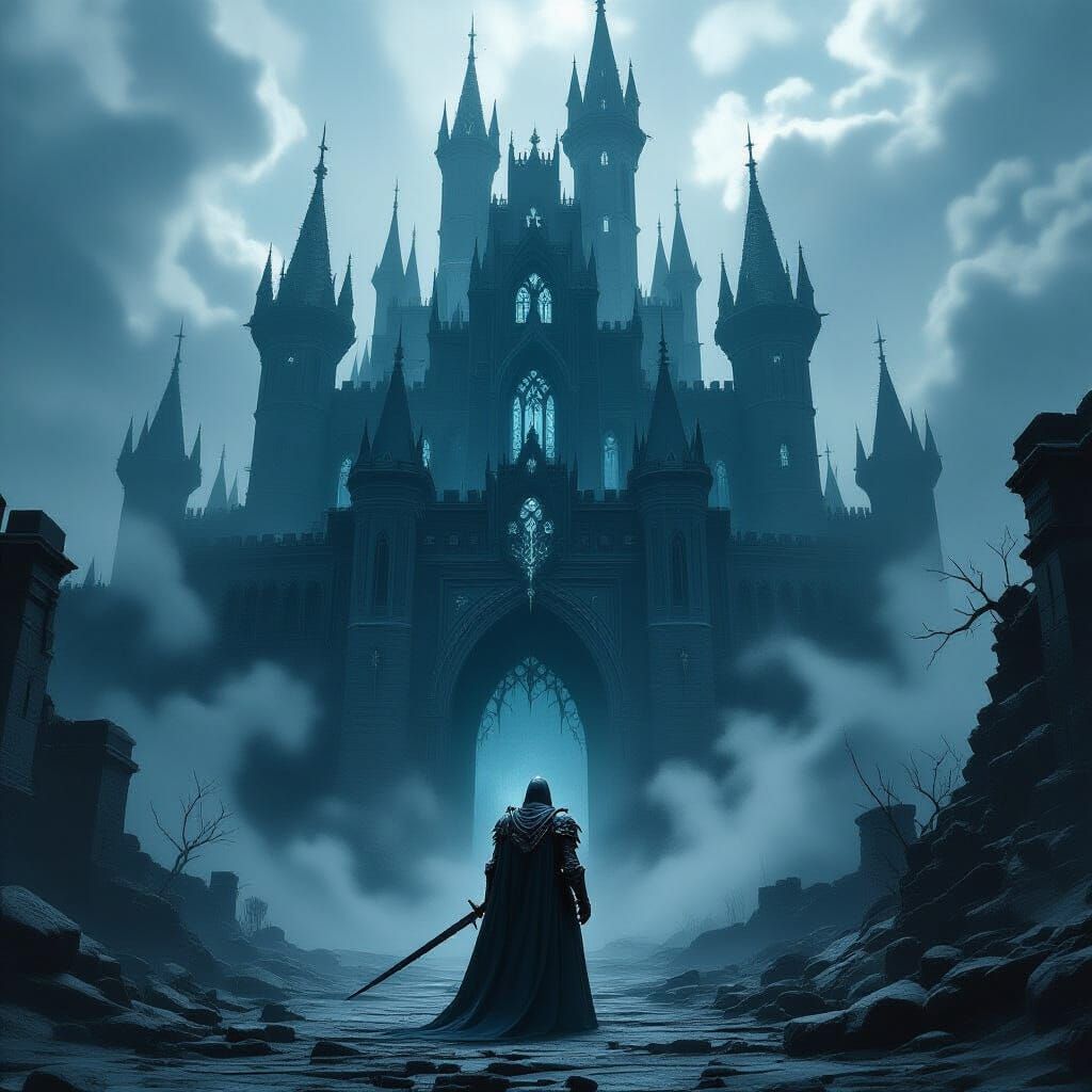 Knight Confronts Shadow Castle in Gothic Horror Style