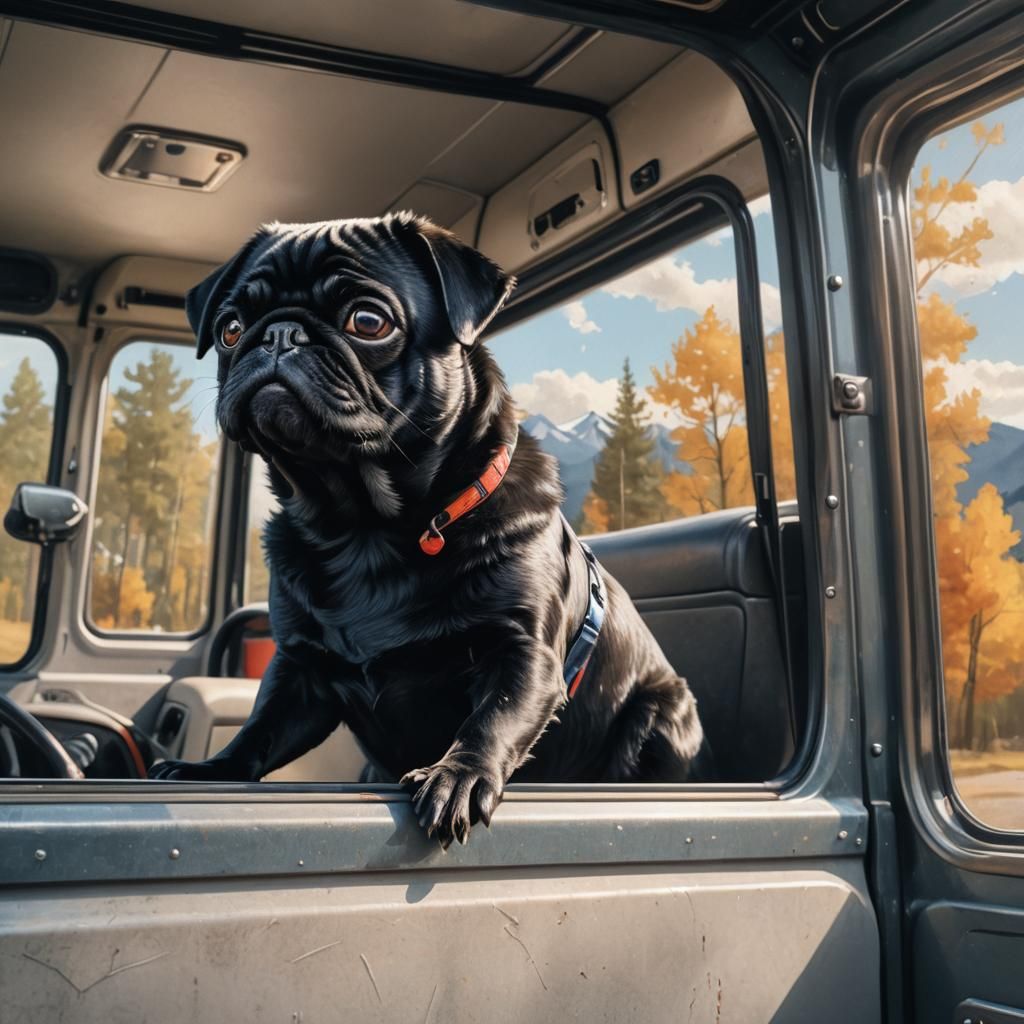 Hyperrealistic Black Pug in Motorhome Concept Art