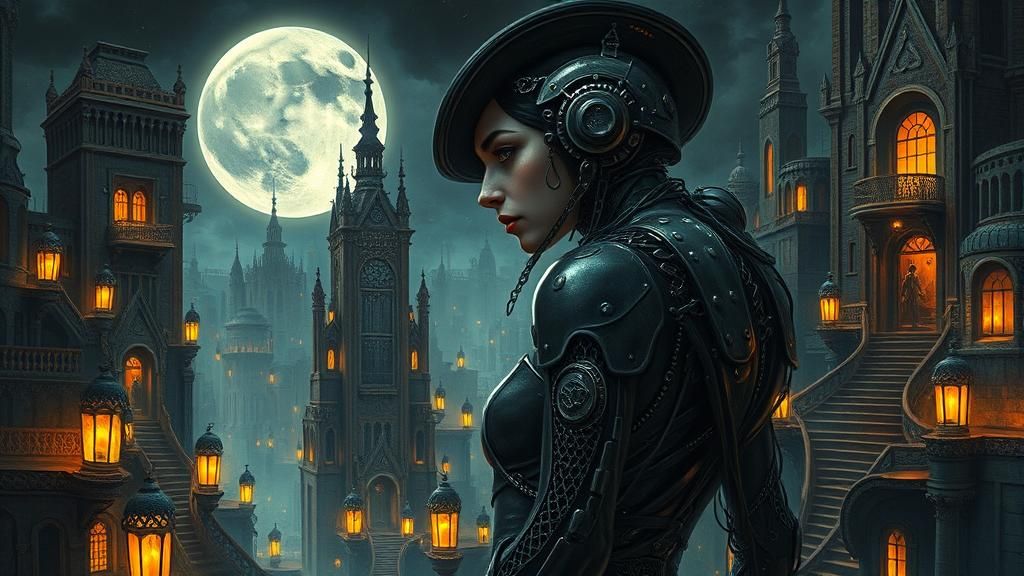 Cyborg Femme Fatale in Steampunk Cityscape