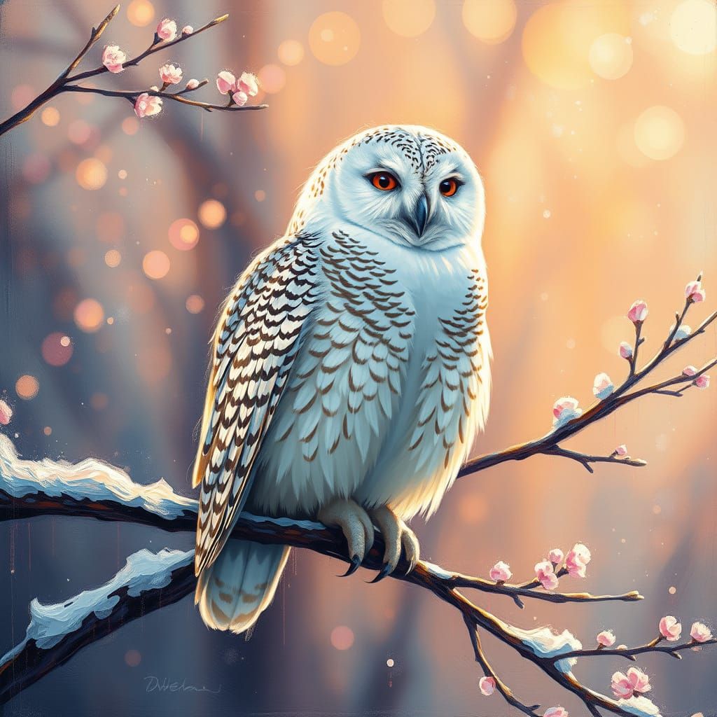 Ethereal Spring Scene with Snow Owl in Impressionist Surreal...