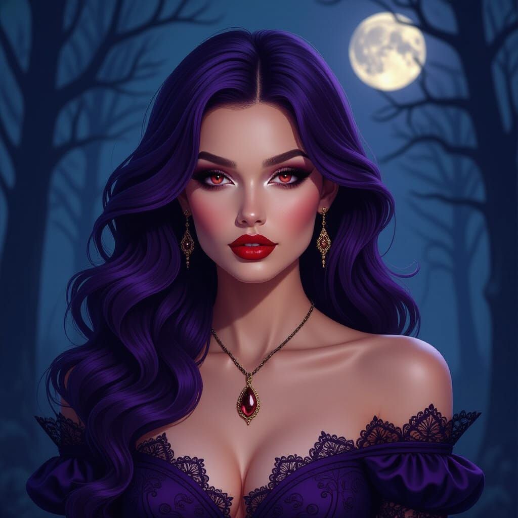Ethereal Woman with Purple Hair in Dark Romanticism Style