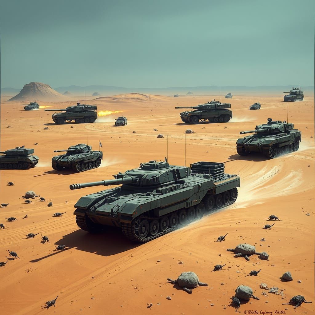 Dystopian Desert Scene with Armored Vehicles