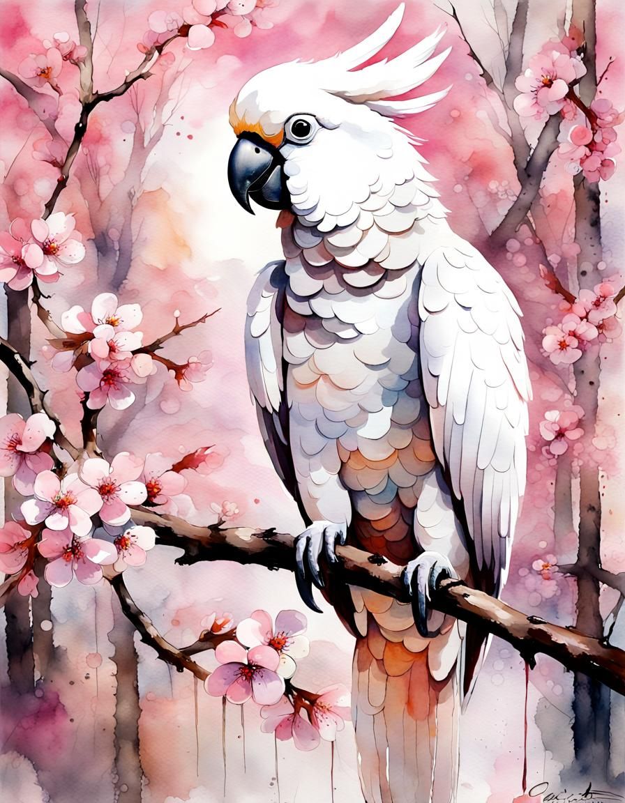 White Cockatoo in Pink Cherry Blossom Forest