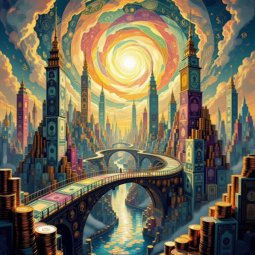 Fantastical Cityscape of Money and Coins